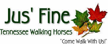 colorful logo with autumn leaves and the name of the farm, Jus' Fine Tennessee Walking Horses